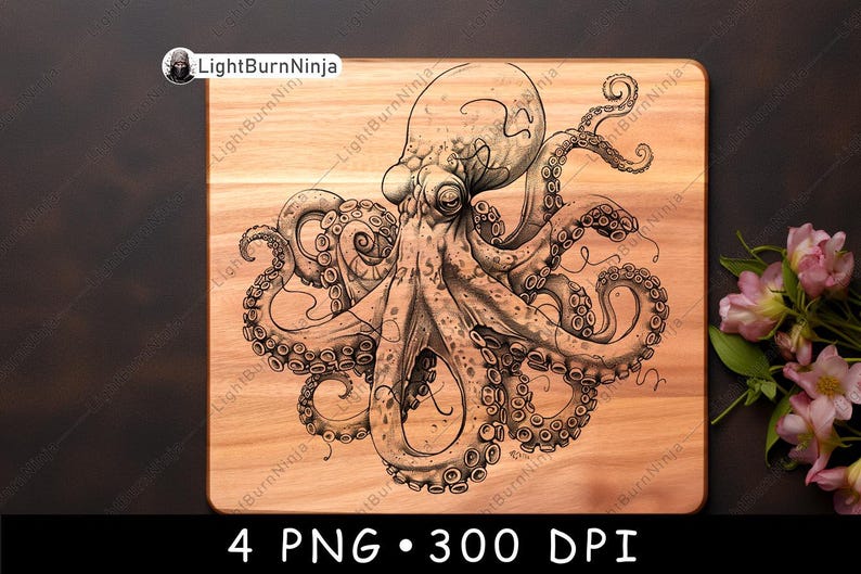 May include: A detailed black and white illustration of an octopus with eight tentacles on a wooden chopping board.