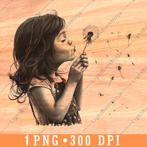 Petite fille soufflant pissenlit fleurs sauvages été enfance fichier laser graver en niveaux de gris ardoise dessous de verre image PNG noir et blanc graver cnc bois