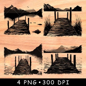 May include: Four black and white illustrations of a wooden dock extending over a lake with mountains in the background. The dock is made of planks and has a railing on either side. The lake is calm and the mountains are in the distance.