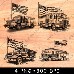 Camión de bomberos, bandera estadounidense, vehículo de emergencia, bombero, rescate, archivo láser, quemar, escala de grises, posavasos de pizarra, imagen PNG en blanco y negro, grabar, CNC, madera