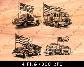 Firetruck American Flag Emergency Vehicle Firefighter Rescue Laser File Burn Grayscale Slate Coaster Black White PNG Image Engrave Cnc Wood