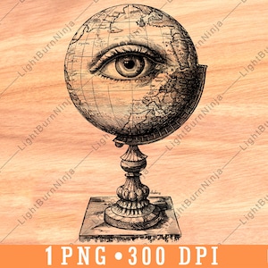 Globus Eye Watcher Geographie World Vision Gruselige Vintage Karte Laser File Brennen Graustufen Schiefer Untersetzer Schwarz Weiss PNG Bild Gravieren Cnc Holz