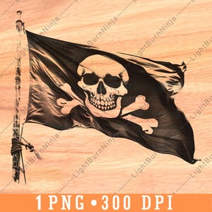 May include: A black pirate flag with a white skull and crossbones design. The flag is waving in the wind and is attached to a wooden pole.