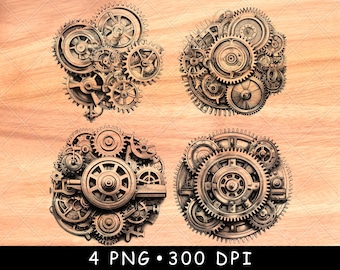 May include: Four steampunk-style gear clusters in varying sizes and designs, rendered in shades of bronze and copper. The gears are intricately detailed, with visible teeth and mechanical components. The image includes the text "4 PNG • 300 DPI".