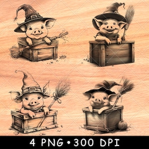 Carino strega maiale scatola di legno scopa fattoria Halloween dolcetto o scherzetto magia file laser brucia scala di grigi sottobicchiere in ardesia nero bianco immagine PNG incisione CNC