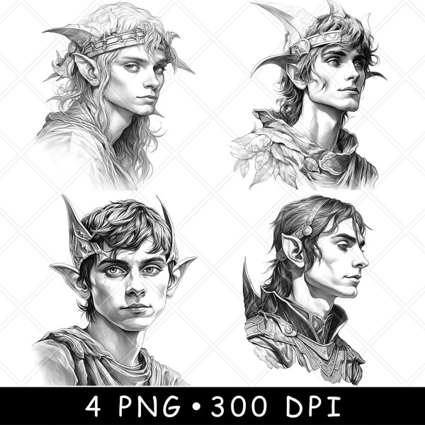 Elf Prince Enchanted Fantasy Kingdom Portrait Head Armor Laser File Burn Grayscale Slate Coaster Black White PNG Image Engrave Cnc Wood Art