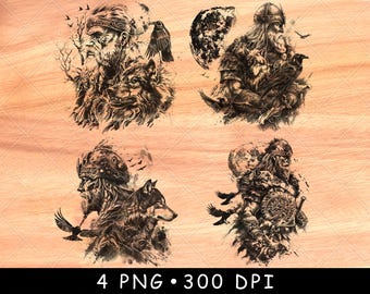 Viking Warrior PNG Laser Engraving Design, Norse Wolf Raven Wood Engrave File, Mythology Viking Wall Art Decor