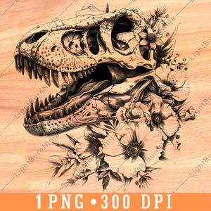 Cráneo prehistórico de T-Rex, flores, cabeza de dinosaurio, esqueleto fósil, archivo láser, escala de grises, posavasos de pizarra, imagen PNG en blanco y negro, grabado CNC en madera