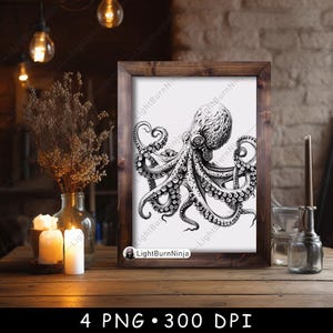 May include: A black and white illustration of an octopus with eight tentacles. The octopus is facing to the right and has a large head with a prominent eye. The tentacles are curled and twisted, creating a dynamic and intricate design.