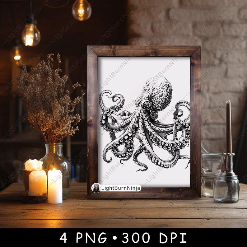 May include: A black and white illustration of an octopus with eight tentacles. The octopus is facing to the right and has a large head with a prominent eye. The tentacles are curled and twisted, creating a dynamic and intricate design.