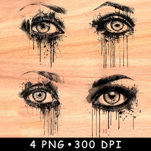 Ojo lloroso, lágrimas goteando, tristeza emocional, tinta derretida, escena, archivo láser, quemar, escala de grises, posavasos de pizarra, imagen PNG en blanco y negro, grabar en CNC, madera