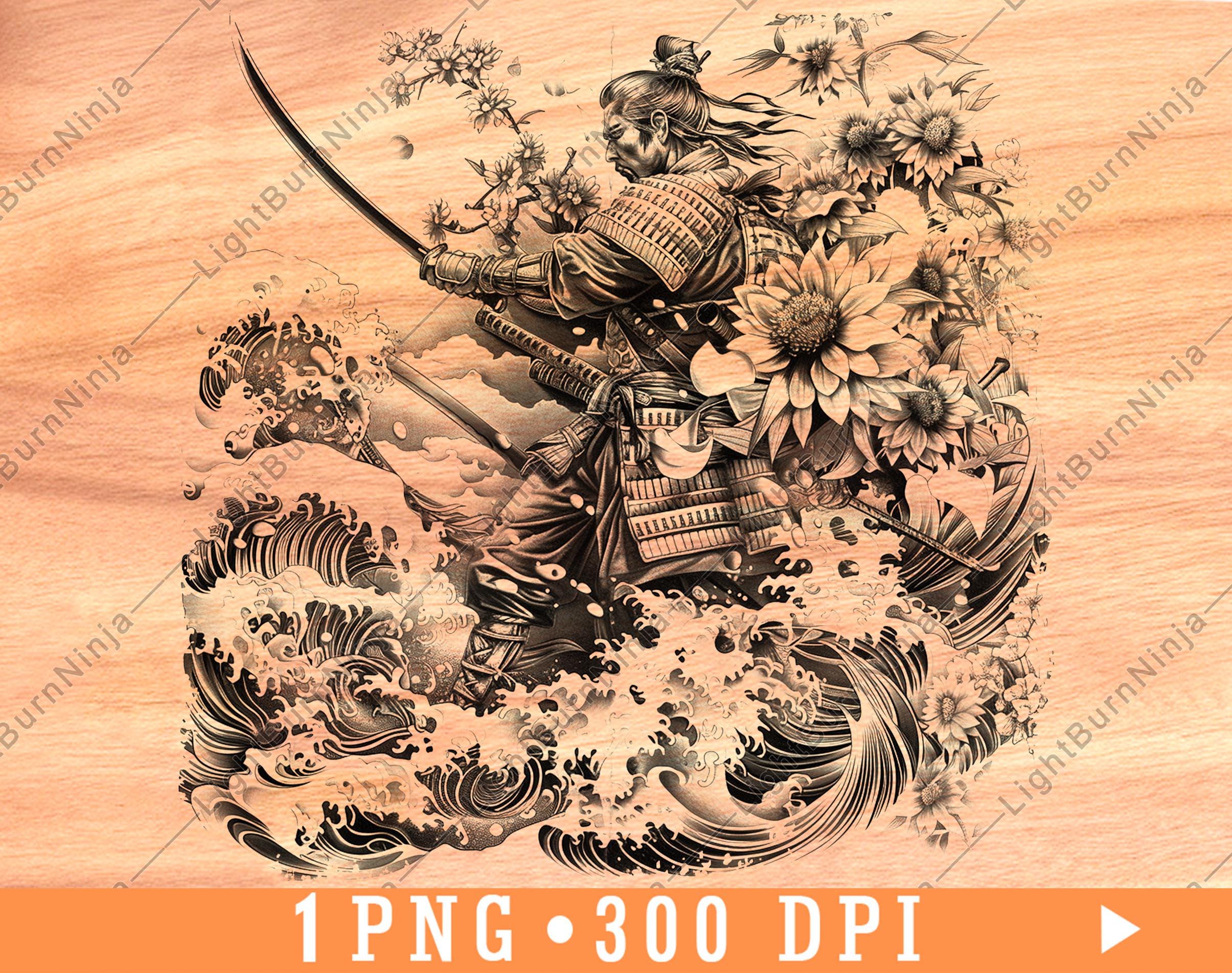 Samurai Warrior with Sword PNG | Floral Japanese Wave Clipart for Laser Engraving | Katana Samurai Art for Wood Burn Craft Projects