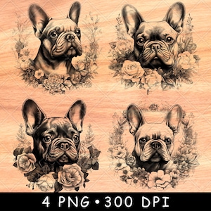 Französische Bulldogge Frenchie Kopf Blumenszene Blumenkranz Haustier Laserdatei Brennen Graustufen Schiefer Untersetzer Schwarz Weiß PNG Bild Gravieren Cnc Holz