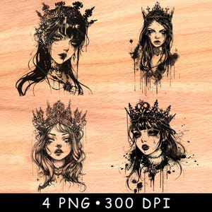 Femme gothique couronne reine princesse beauté solitaire Dark Fantasy fichier laser graver en niveaux de gris ardoise sous-bock noir blanc Image PNG graver sur bois CNC