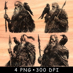 May include: Digital illustration of four bearded men wearing fur cloaks and holding spears. Each man has a raven perched on their shoulder. The men are depicted in a dark, stylized art style.