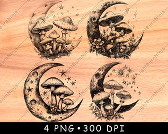 Mushrooms Stars Crescent Moon Flowers Botanical Fantasy Night Laser File Burn Grayscale Slate Coaster Black White PNG Image Engrave Cnc Wood
