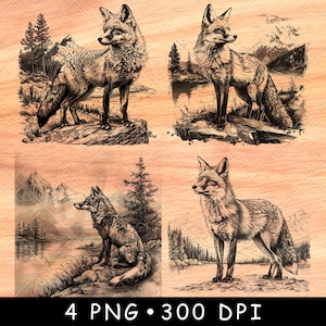 Fox Lake Berg Wild hoektanden Vulpes Sluwe zoogdierjacht Laserbestand branden grijstinten leisteen onderzetter zwart wit PNG-afbeelding graveren CNC hout