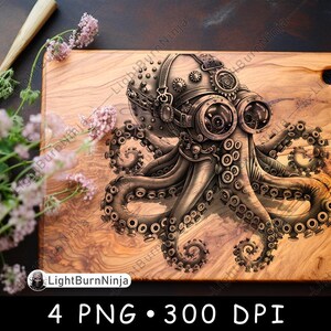 May include: A steampunk-style octopus with a detailed, intricate design. The octopus is made of metal and has a clockwork head with gears and cogs. The octopus is on a wooden background.