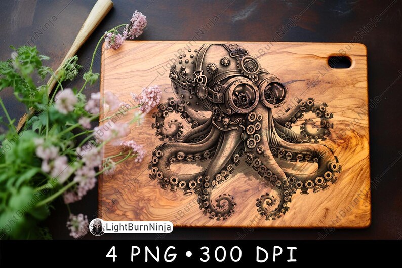 May include: A steampunk-style octopus with a detailed, intricate design. The octopus is made of metal and has a clockwork head with gears and cogs. The octopus is on a wooden background.
