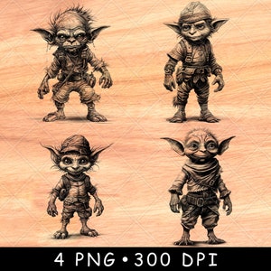 May include: Four digital illustrations of fantasy creatures with pointed ears, large eyes, and mischievous expressions. Each creature is wearing clothing and carrying a weapon or tool.