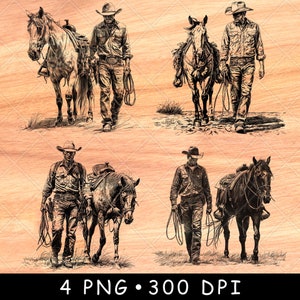Cowboy marchant cheval éleveur équin américain Western fichier laser rustique graver en niveaux de gris ardoise sous-verres noir blanc Image PNG graver du bois Cnc