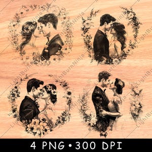 Wedding Couple Laser Engraving PNG | Romantic Bride and Groom Floral Heart Design | Rustic Love Line Art for Wood Sign or Gift Engraving
