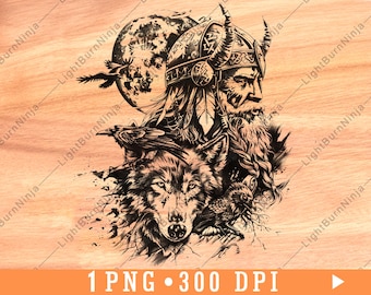 Viking Warrior Raven Bird Wolf Medieval Nordic Odin Protector Laser File Burn Grayscale Slate Coaster Black White PNG Image Engrave Wood,one