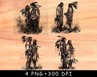 Couple amérindien tribu indigène guerrier Navajo fichier laser gravure en niveaux de gris ardoise sous-bocks image PNG noir et blanc graver sur bois
