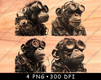 Steampunk Monkey PNG Bundle, Aviator Chimp with Goggles Art, Vintage Engraving Design, Industrial Wall Decor, Unique Gift