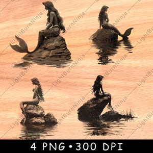 Meerjungfrau Sitzen Rock Wasser Meeresgeschöpf Sirene Wassermensch Mythos Laser File Brennen Graustufen Schiefer Untersetzer Schwarz Weiß PNG Bild Gravieren Cnc Holz