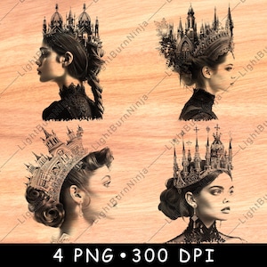 Gothic Königin Schloss Kathedrale Krone Junge Frau Lizenz Gesicht Laser-Datei Brennen Graustufen Schiefer Untersetzer Schwarz Weiß PNG Bild Gravieren Cnc Holz