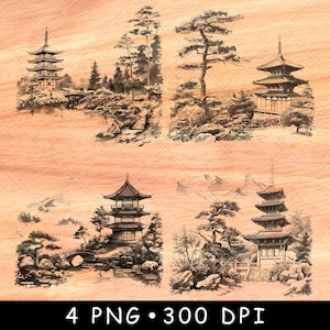 Japanese Pagoda and Garden PNG | Zen Landscape Laser Engraving File | Asian Temple Wall Art | Tranquil Nature Wood Design