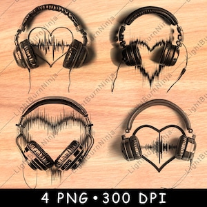 Hart Audio Geluidsgolf Koptelefoon Muziek Liefde Valentijn Beat Laserbestand Branden Grijstinten leisteen Onderzetter Zwart wit PNG-afbeelding Graveren CNC hout