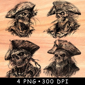 May include: Four digital illustrations of pirate skulls wearing hats. The skulls are detailed and have a dark, gritty aesthetic.