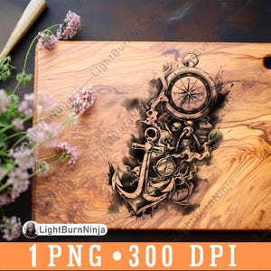 Bussola Ancora Nave Marinaio Oceano Onde Nautico Arte Marittima File Laser Brucia Scala di Grigi Ardesia Sottobicchiere Nero Bianco Immagine PNG Incisa Legno, uno