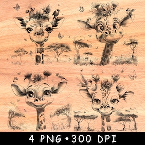 Baby Giraffe Vögel Schmetterlinge niedlichen Cartoon Spaß Safari Tier Laserdatei Brennen Graustufen Schiefer Untersetzer Schwarz Weiß PNG Bild Gravieren Cnc Holz
