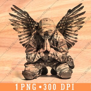 Soldado arrodillado con alas de bandera estadounidense, héroe de guerra, oración, homenaje, archivo láser, escala de grises, posavasos de pizarra, imagen PNG en blanco y negro, grabado en madera CNC