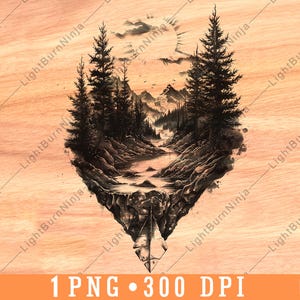 May include: A black and white illustration of a mountain landscape with a river flowing through it. The scene is framed by trees on either side and a sun shining in the sky.