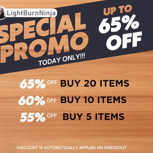 Op de afbeelding: Een promotionele afbeelding met de tekst "SPECIAL PROMO" en "UP TO 65% OFF." De afbeelding vermeldt ook "TODAY ONLY!!!" en geeft kortingen voor het kopen van meerdere artikelen. De achtergrond is een houtnerftextuur.