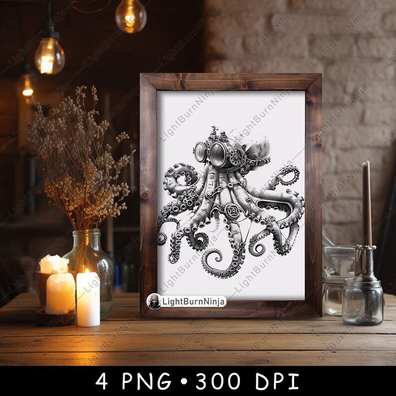 May include: A black and white illustration of a steampunk octopus with gears and pipes. The octopus is drawn in a detailed and intricate style.