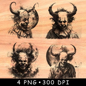 Payaso vagabundo, luna, broma de Halloween, circo, cuerno, cara de bufón aterrador, archivo láser, quemar, escala de grises, posavasos de pizarra, imagen PNG en blanco y negro, grabar en CNC, madera