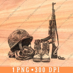 Casque militaire, bottes de fusil, soldat tactique, engrenages, fichier laser commémoratif, gravure en niveaux de gris, ardoise, noir et blanc, image PNG, gravure sur bois, commande numérique par ordinateur