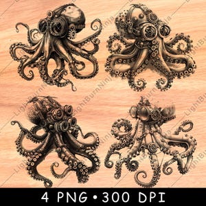 May include: Four digital illustrations of steampunk octopuses with intricate gears and cogs. The octopuses are drawn in a detailed, realistic style with a vintage aesthetic.