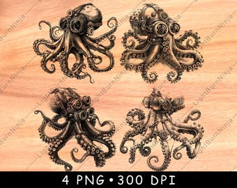 Octopus Steampunk Goggle Gears Marine Nautical Sea Tentacles Laser File Burn Grayscale Slate Coaster Black White PNG Image Engrave Cnc Wood