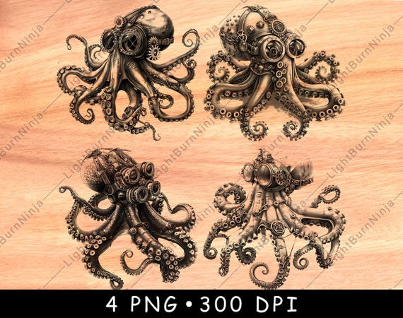 Steampunk Octopus PNG Laser Engraving File, Mechanical Kraken Clipart, Ocean Animal Art, Nautical Wood Burning Design
