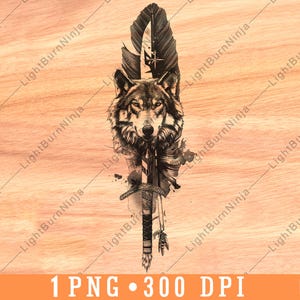 Wolf hoofd veer dolk zwaard middeleeuws krijger dier Tribal laserbestand branden grijstinten leisteen onderzetter zwart wit PNG-afbeelding graveren CNC hout