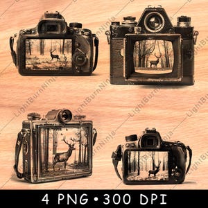 Paquete PNG de ciervo en el visor de la cámara para grabado láser / Imágenes prediseñadas de fotografía de vida silvestre para posavasos de madera, arte mural y regalos