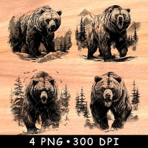 Wütend Grizzly Bär Braun Kiefer Bergwald Wildlife Szene Laser Datei Brennen Graustufen Schiefer Untersetzer Schwarz Weiß PNG Bild Gravieren Cnc Holz