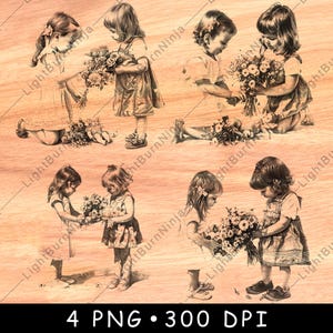 Duas crianças brincando de buquê de flores amizade meninas jovens arquivo laser queimar tons de cinza ardósia porta-copos preto branco imagem PNG gravar cnc madeira