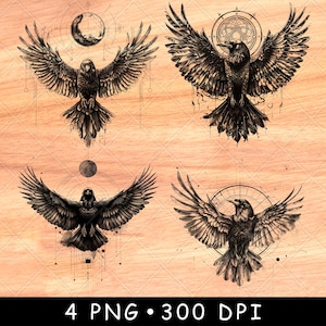 Ali di corvo gotiche spiegate Cerchio scuro Globo celeste Corvo Uccello File laser Brucia Scala di grigi Ardesia Sottobicchiere Nero Bianco Immagine PNG Incisione Cnc Legno